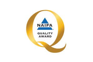 A gold ribbon with the words " naifa quality award q ".