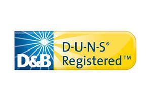 A yellow and blue logo for d & b duns registered