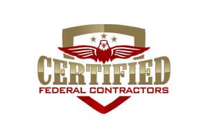 A red and gold logo for certified federal contractors