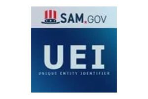 A blue square with the letters uei and sam. Gov